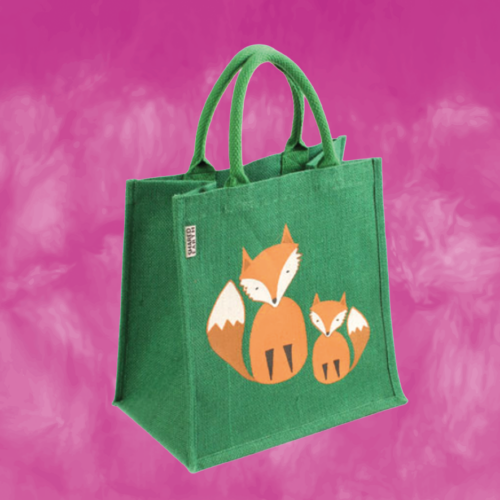 Jute shopping bag - green with foxes